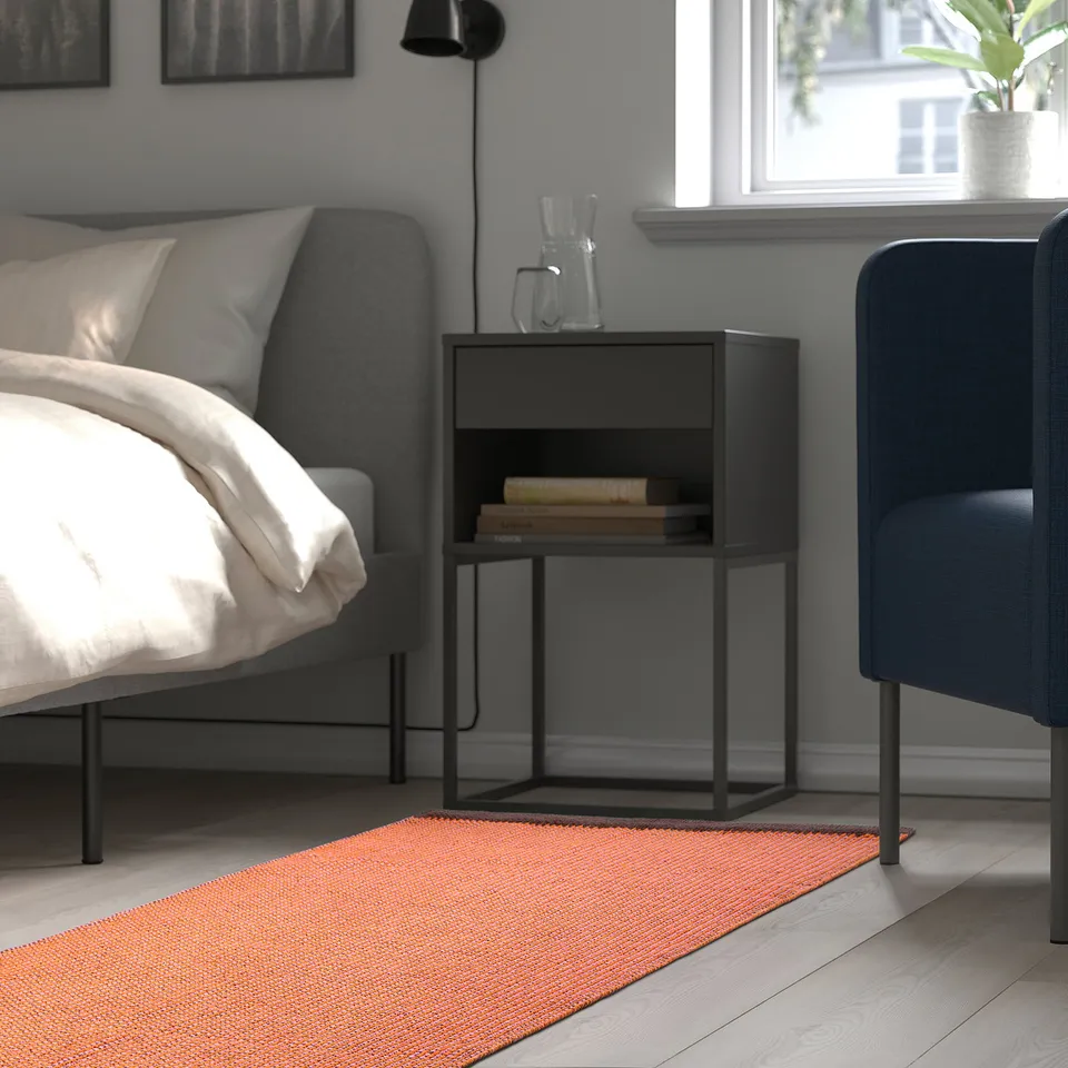 Bedside rug, VÄGOMRÅDE, adds colour, softness. Easy to clean, suitable for all floors.
