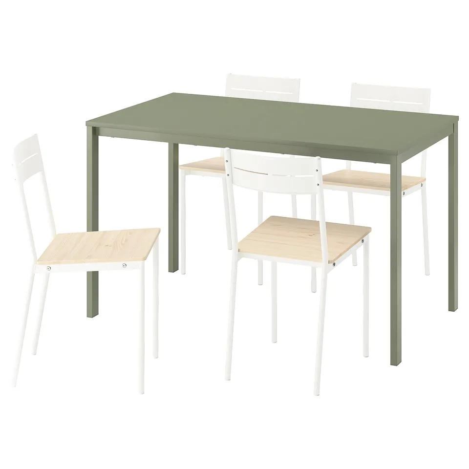 Green VIHALS dining set with rectangular table and metal-legged chairs.