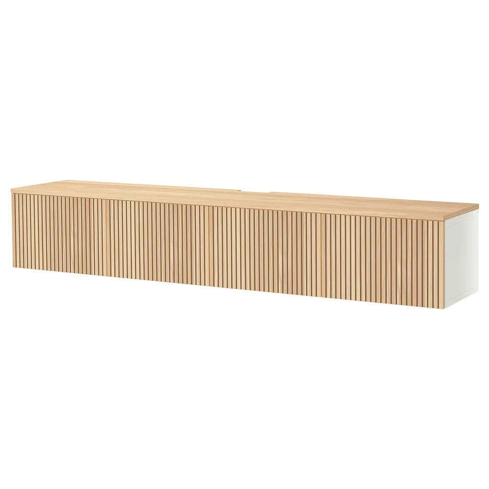 BESTÅ TV bench with doors, white/Björköviken oak veneer, 240x42x40 cm