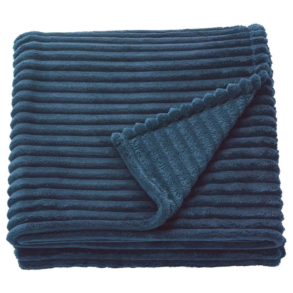 Dark blue GULLSTRÅLE bed spread, folded, soft texture, horizontal stripes, rectangular shape.