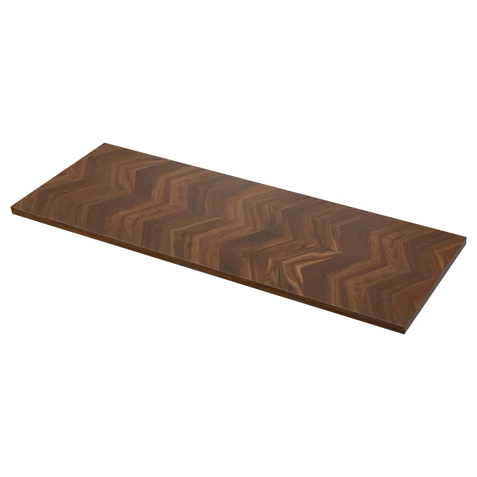 A dark brown, wooden, rectangular worktop with a chevron pattern, crafted from walnut veneer and particle board, designed for kitchen use.
