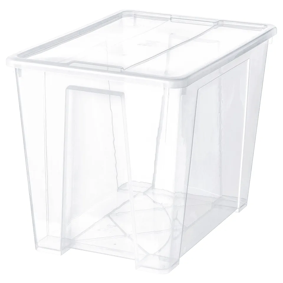 A clear plastic SAMLA storage bin, rectangular in shape, with reinforced corners and a secure lid.