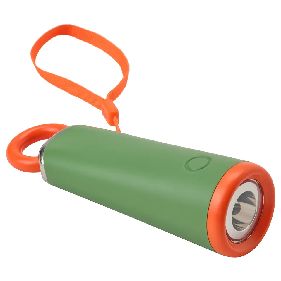 A green and orange MAJBAGGE torch with an orange strap and plastic body.