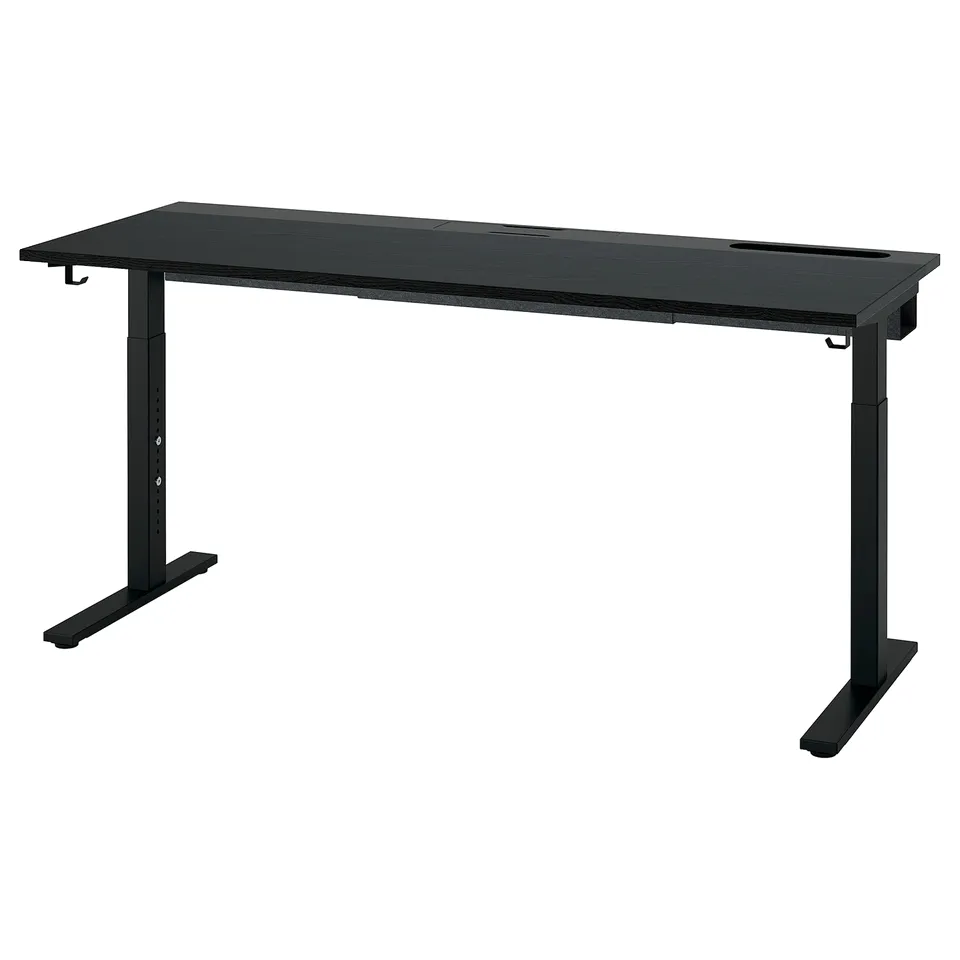 MITTZON black desk, height-adjustable with legs, minimalist design, includes cable management tray.
