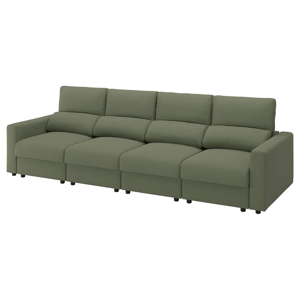 A green MALMKÖPING sofa with a modern design, featuring adjustable headrests and pull-out seat sections for additional comfort.