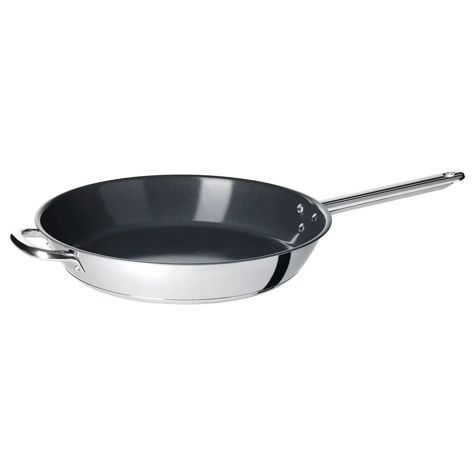 IKEA 365+ stainless steel pan, round shape, dark interior, two side handles, sleek design.