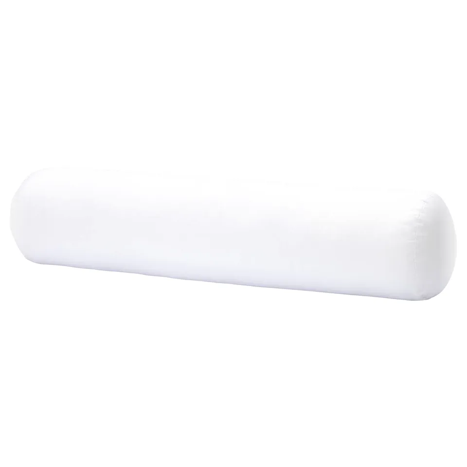 A white BACKTRAV body pillow. Its long, cylindrical, and made of cotton and recycled polyester filling.