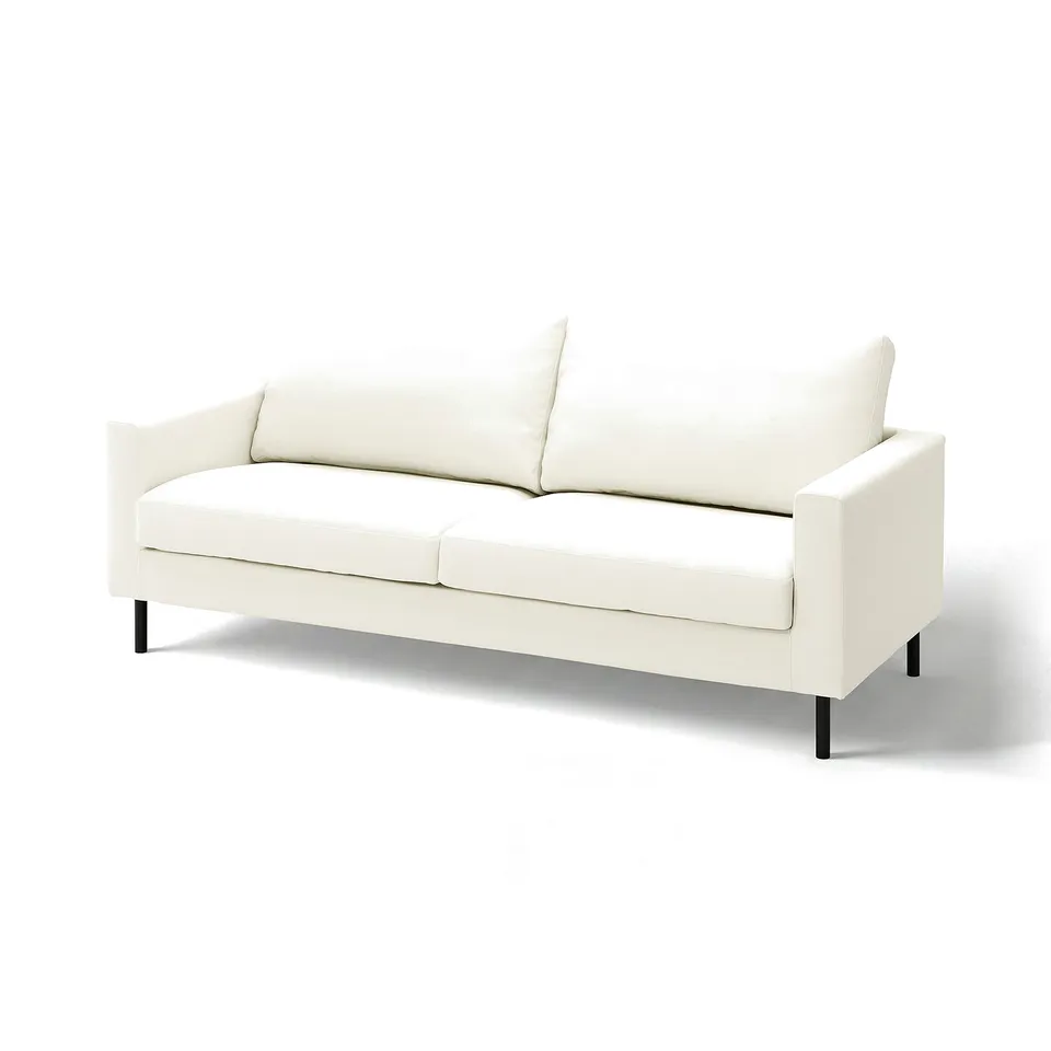 A white SALTSJÖBADEN sofa, sleek and modern with clean lines. It plush cushions and sturdy black legs, perfect for contemporary spaces.