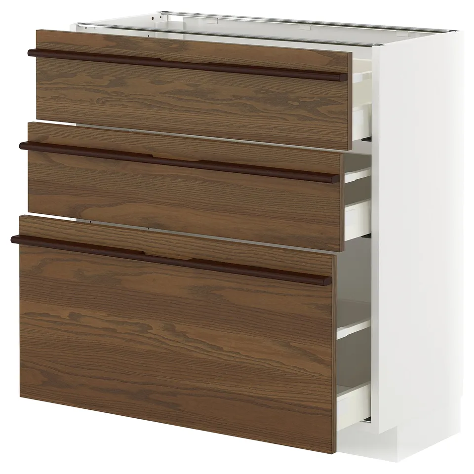 METOD kitchen unit. Dark brown wood, handles, white frame. Three drawers, modern design.