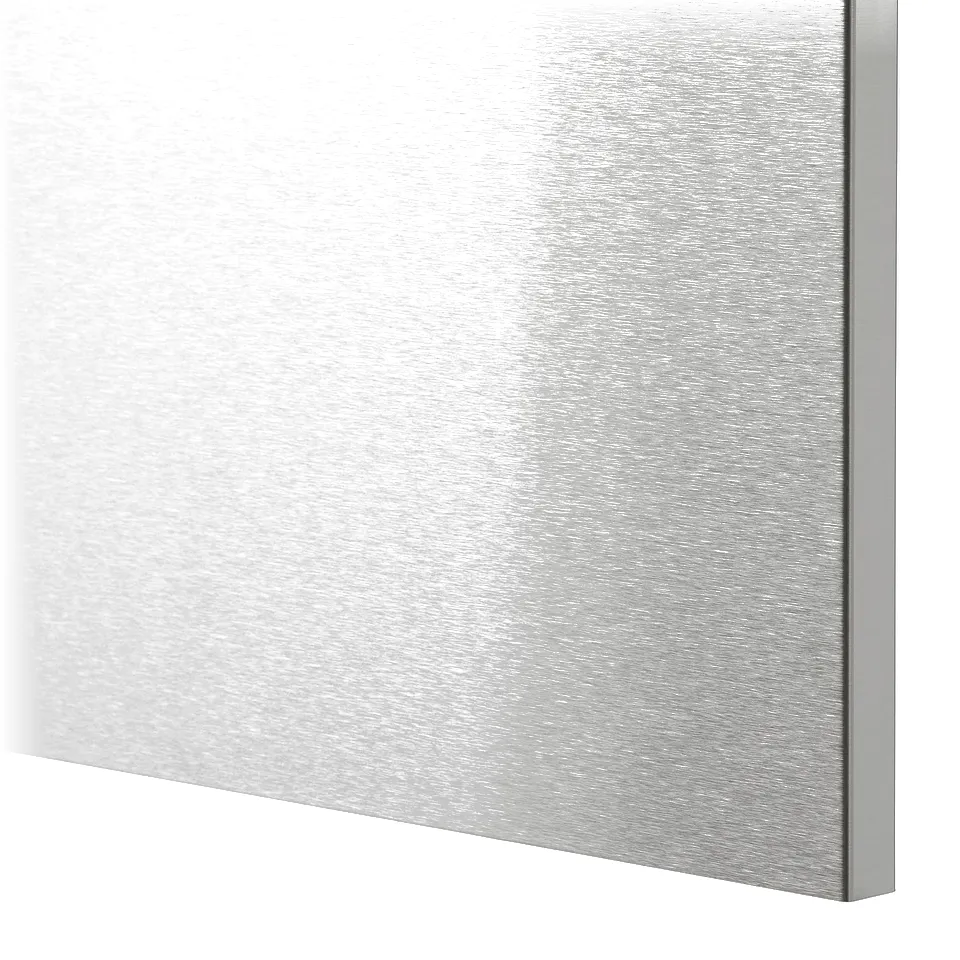 Close-up of sleek, smooth stainless steel panel. Modern, industrial texture visible, reflecting light.