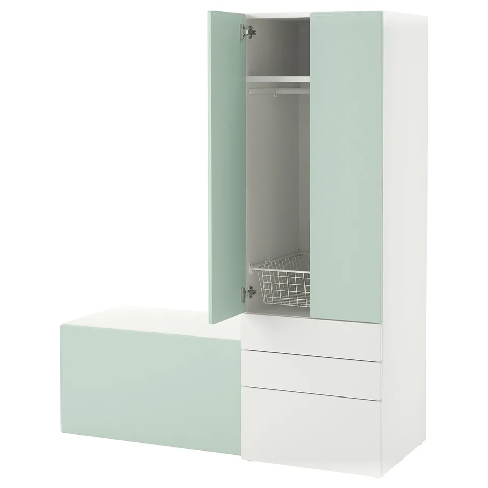 A SMÅSTAD wardrobe in white and mint green, with drawers and a bench.