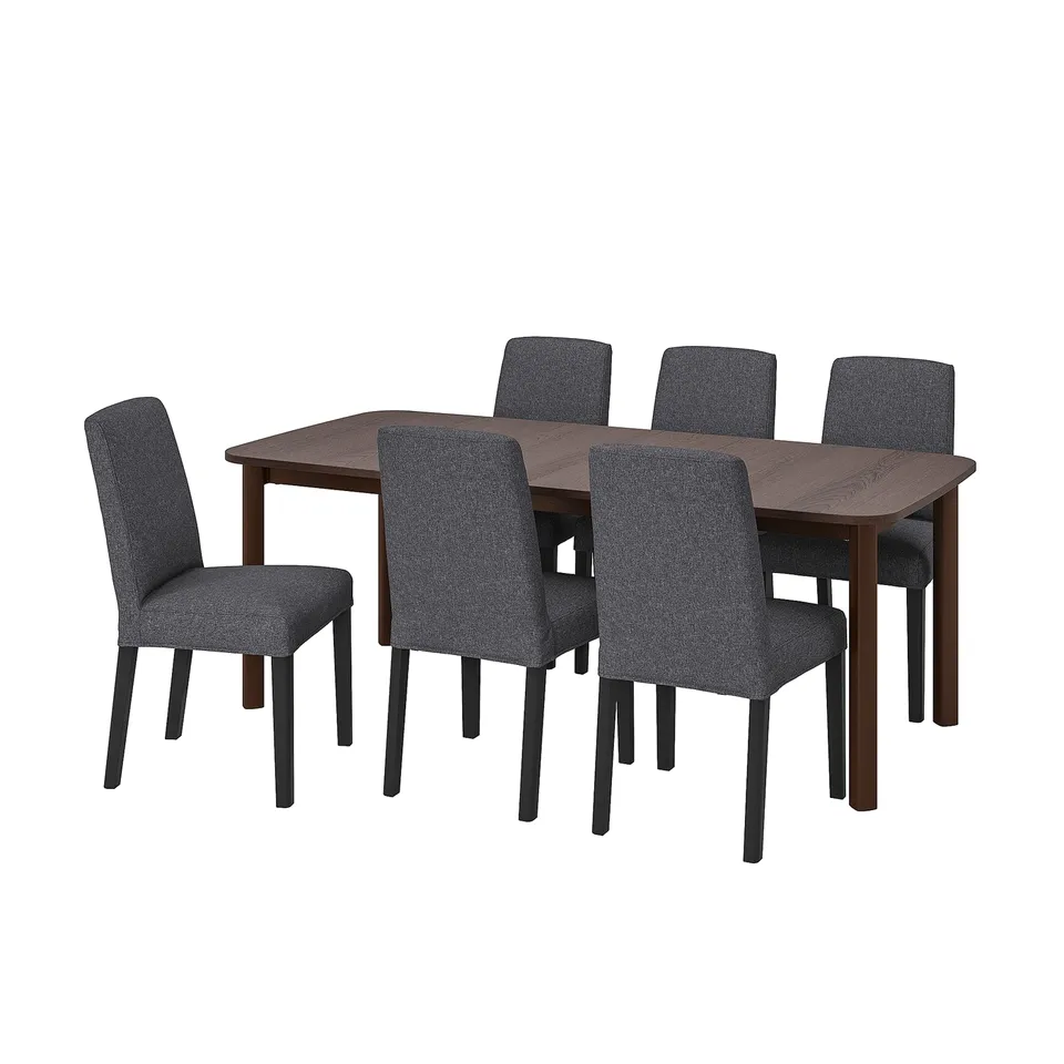 A dark brown STRANDTORP dining set with a rectangular table and six matching blue fabric chairs.