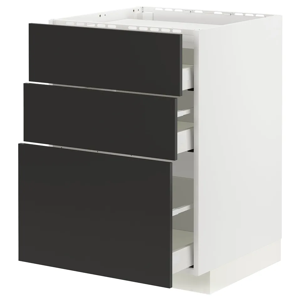 Ikea METOD black drawer unit, three drawers, modern design, sturdy white frame, matt black fronts.