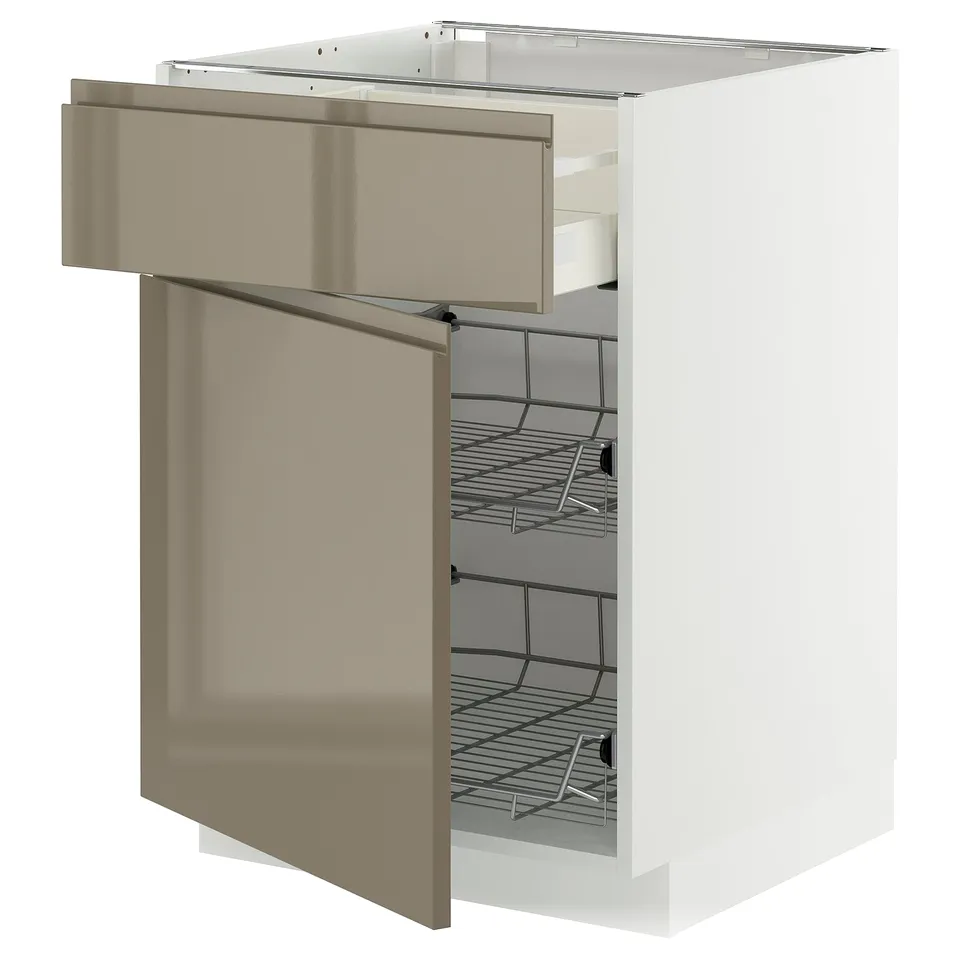 METOD high gloss grey-brown kitchen cabinet with pullout wire baskets, sleek and modern design.