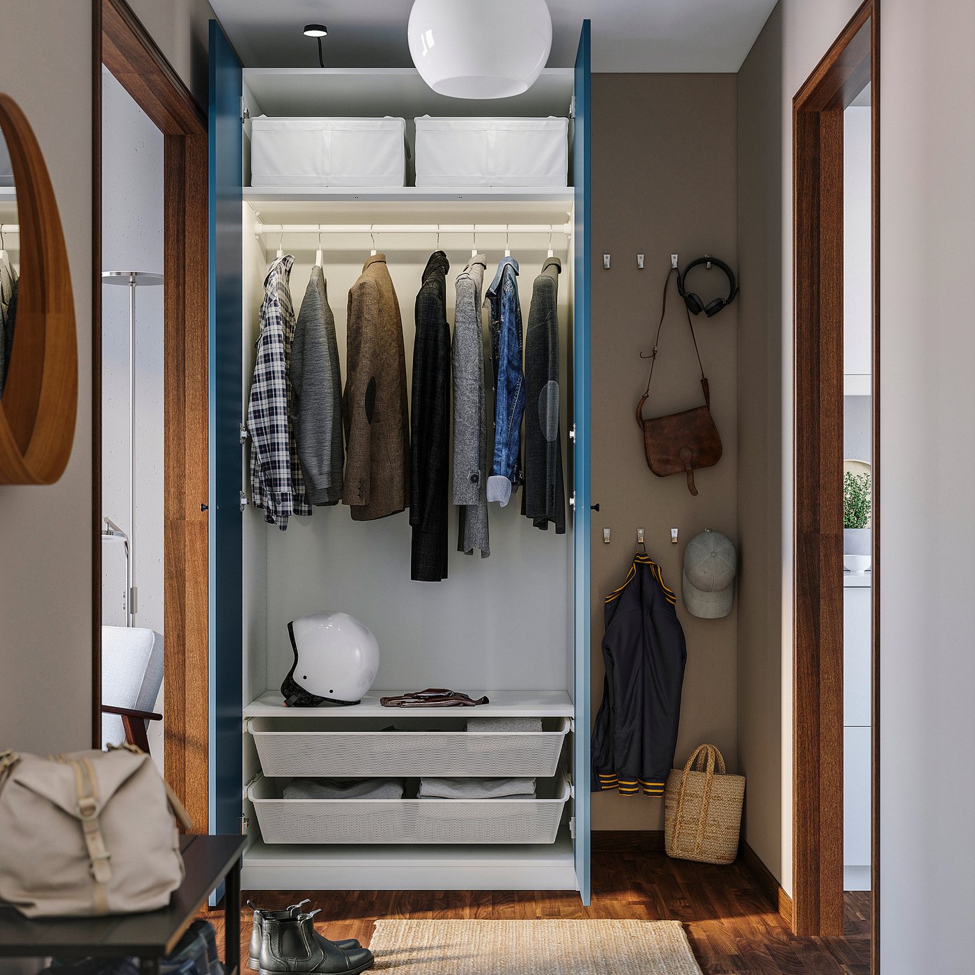 Open wardrobe displaying clothes, helmet, and bags, showcasing organised storage solutions.