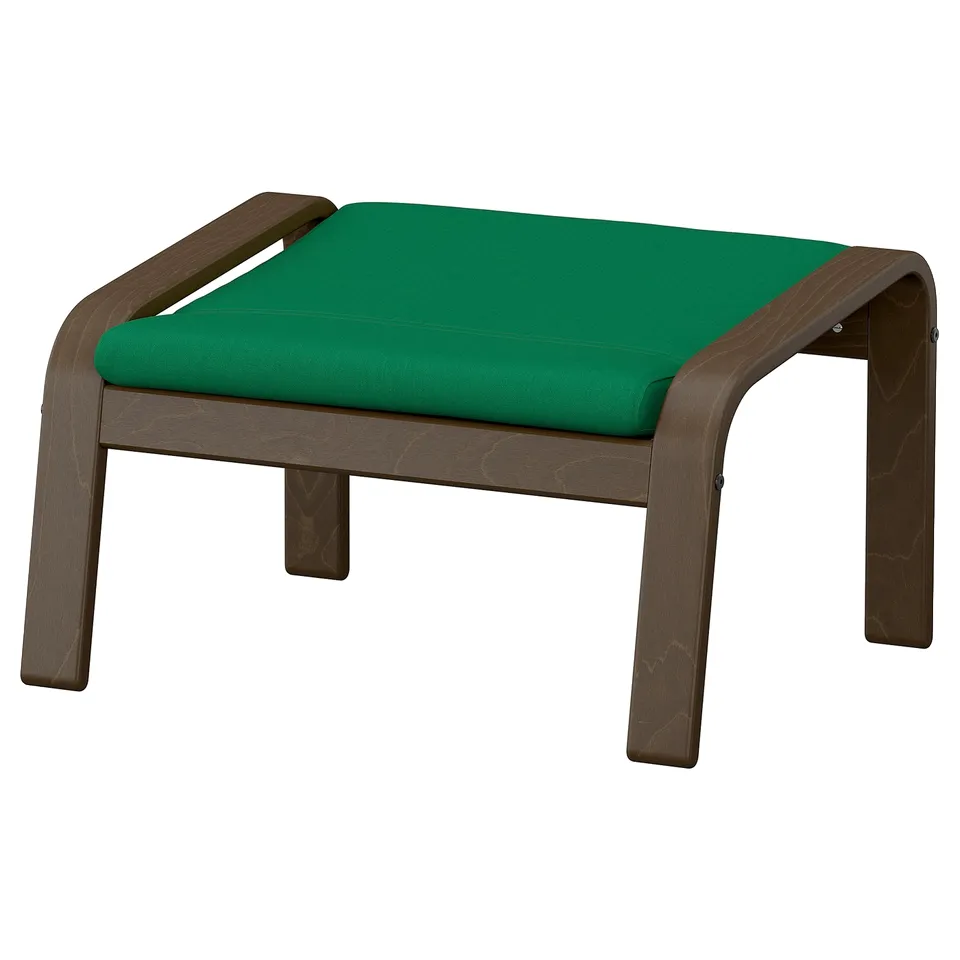 Green cushioned wooden footstool with curved legs and handles.