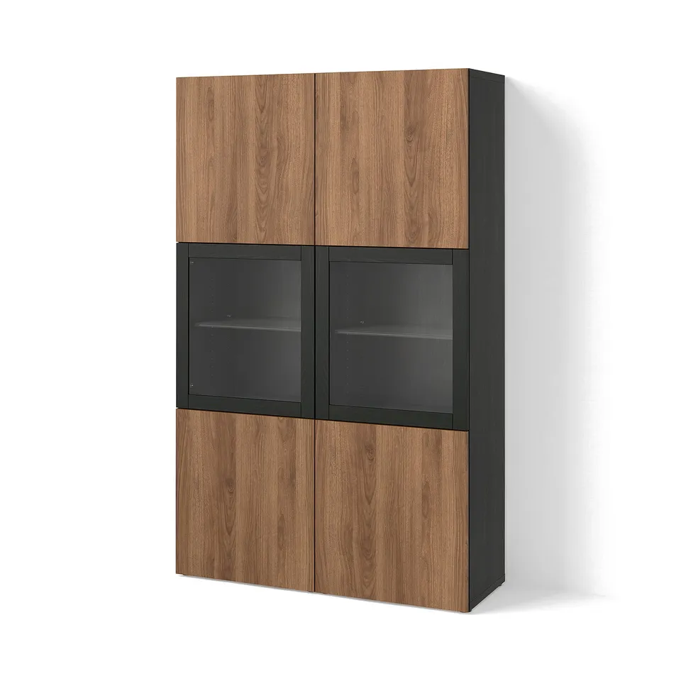 BESTÅ Storage combination w glass doors, black-brown Lappviken/brown walnut effect, 120x42x193 cm