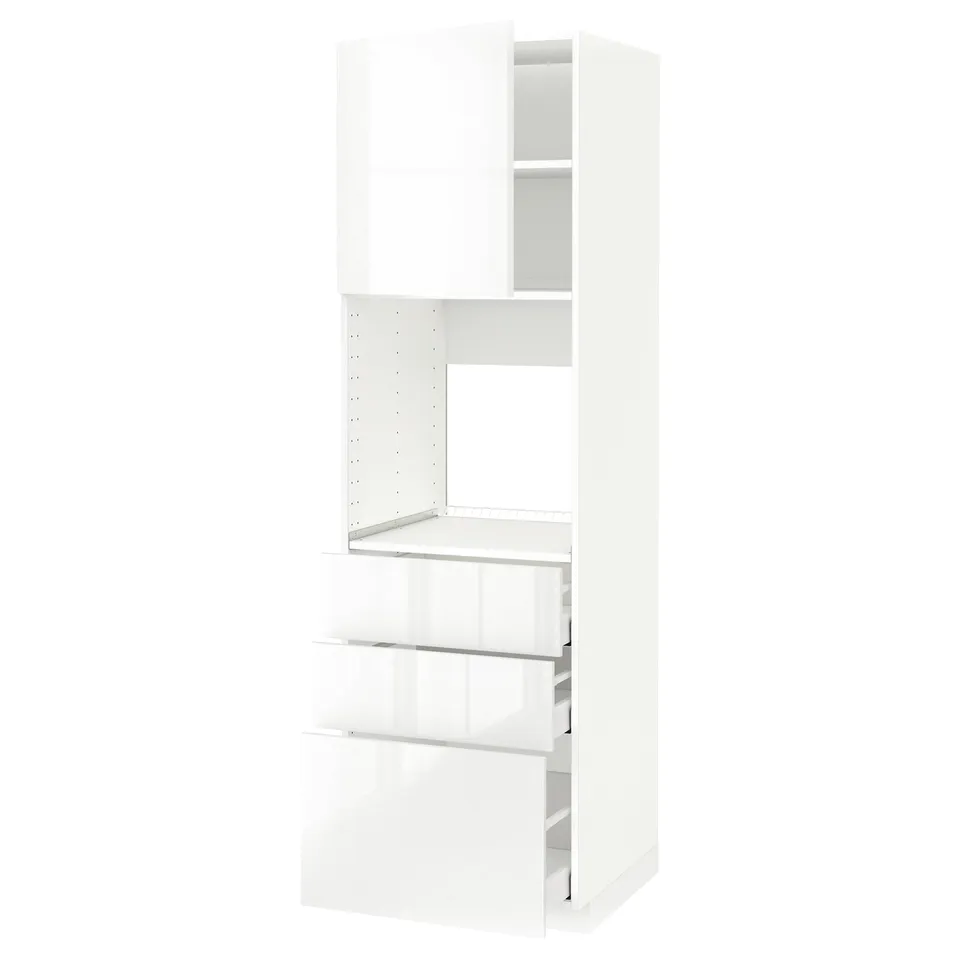METOD kitchen unit in white high gloss. Tall with open top shelf, three drawers, and large door. Sleek, modern design.