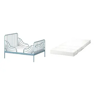 MINNEN/ÖMSINT set: ext bed frame with slatted bed base + pocket spring mattress for ext bed, grey-blue, 80x200 cm