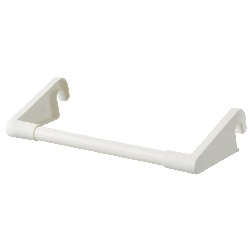 A white SUNNERSTA storage hook, made of polypropylene plastic, designed for high humidity areas, attaches to SUNNERSTA racks.