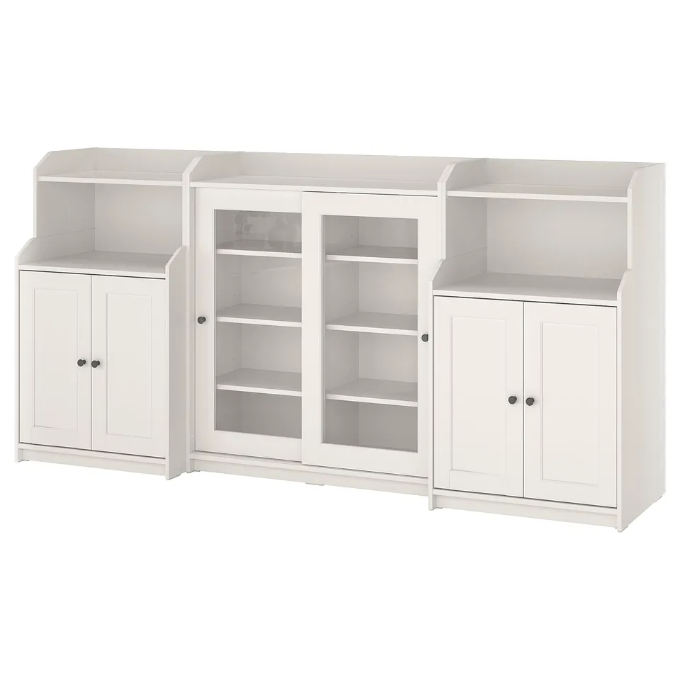 Three-piece white wooden bookshelf combo with closed and glass doors.