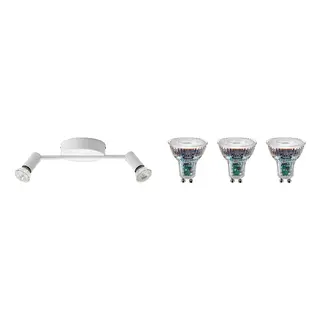 KRUSNATE/SOLHETTA set: ceiling spotlight with 2 spots + LED bulb GU10 230 lumen, white, Height 9 x Length 30 cm
