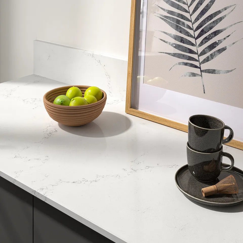 LOCKEBO Custom made worktop, white/grey marble effect/glass composite, 1 m²x2.0 cm