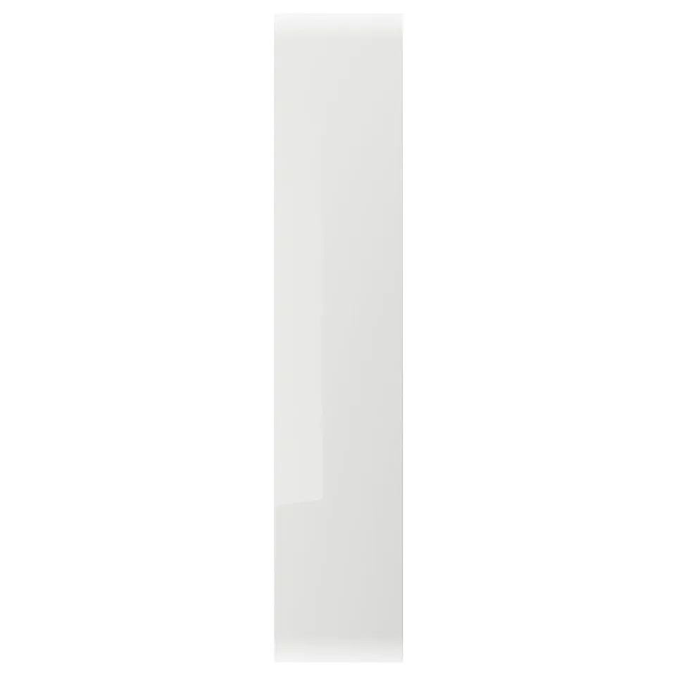 Image depicts a grey, high-gloss kitchen cabinet door with a rectangular shape and sleek design.