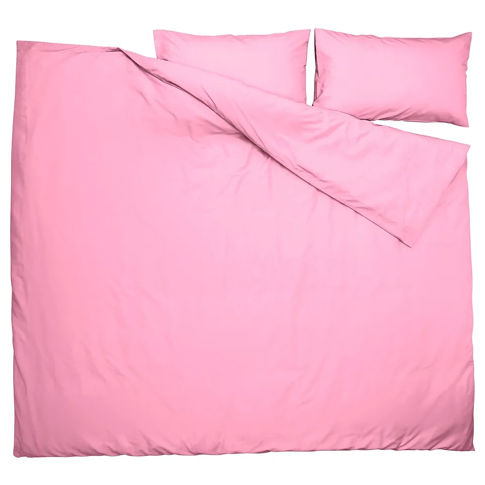 Bright pink, smooth bedding set: duvet & 2 pillows, plain design.