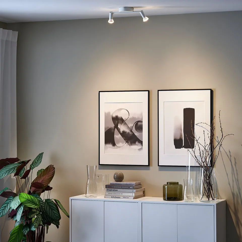 Two framed posters above a white sideboard with glass vases and a plant, illuminated by a KRUSNATE ceiling track light.