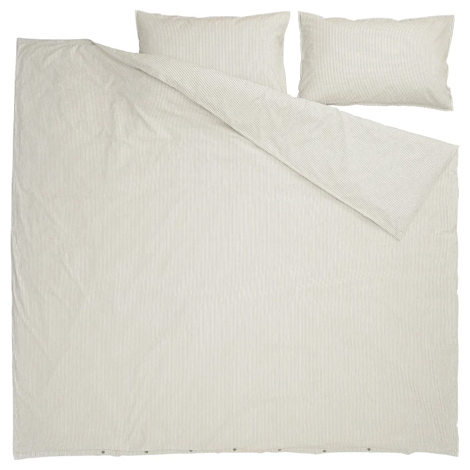 Beige SOLFIBBLA duvet set with stripes, recycled cotton, includes cover & 2 pillowcases.