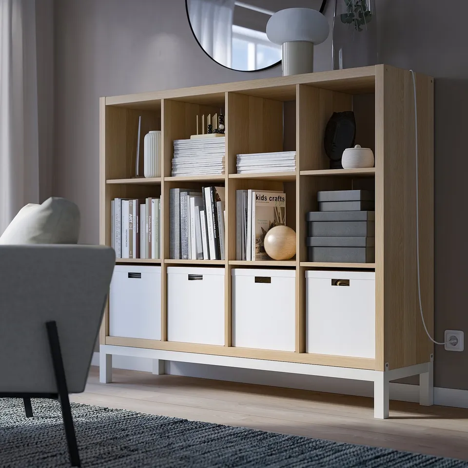 KALLAX light wood bookshelf: tall, wide, open & boxed storage for books, decor, modern minimal design.
