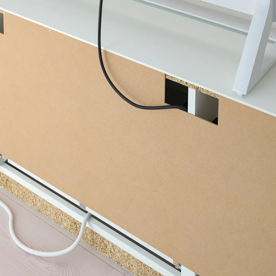 Top view of a tv bench with adjustable shelves and cable outlets.