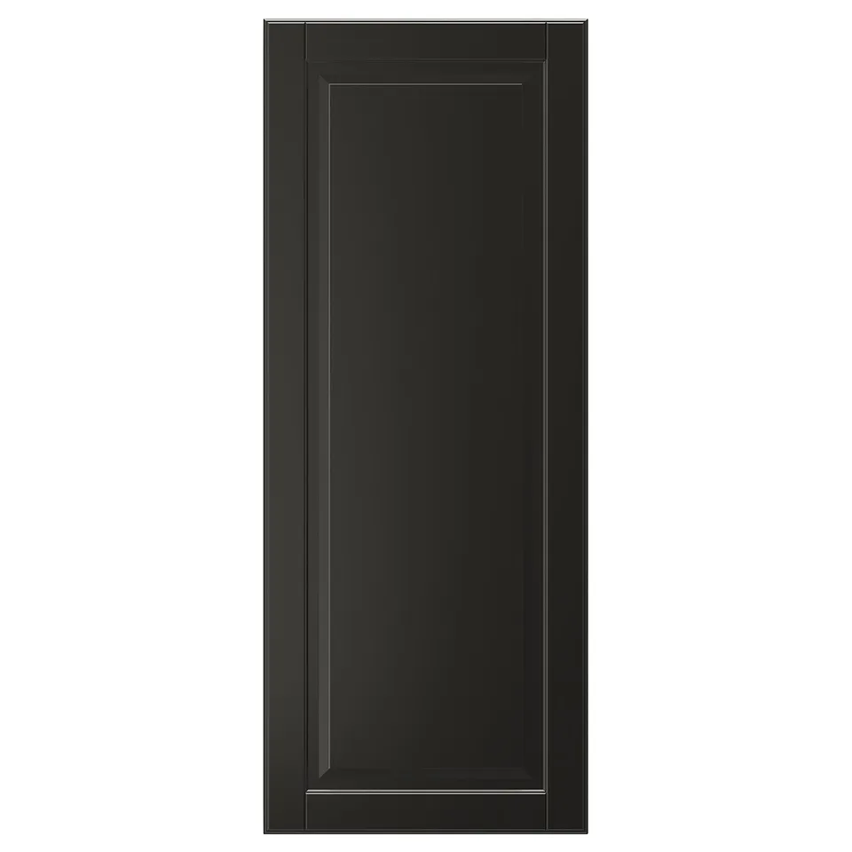 Black BODBYN cabinet door, rectangular with bevelled panel, smooth lacquered finish.