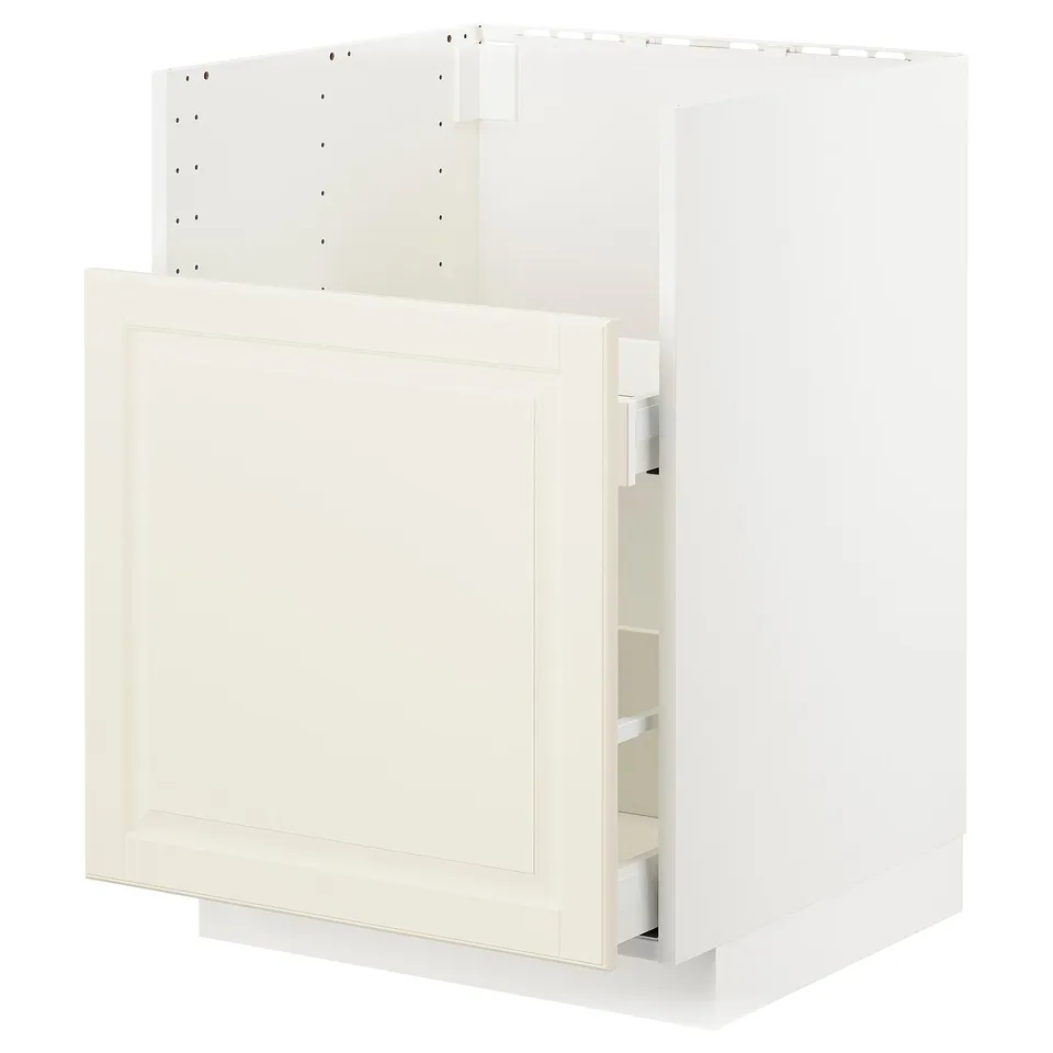 METOD kitchen unit: off-white, rectangular, with bevelled doors and drawers, white metal rail system.