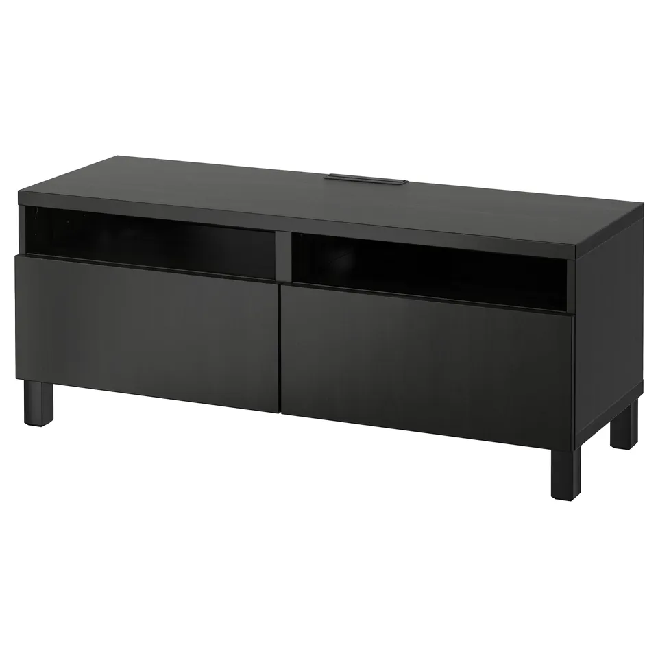 Black BESTÅ tv stand. Sleek, rectangular design with two drawers, open shelf, and cable management at the back.