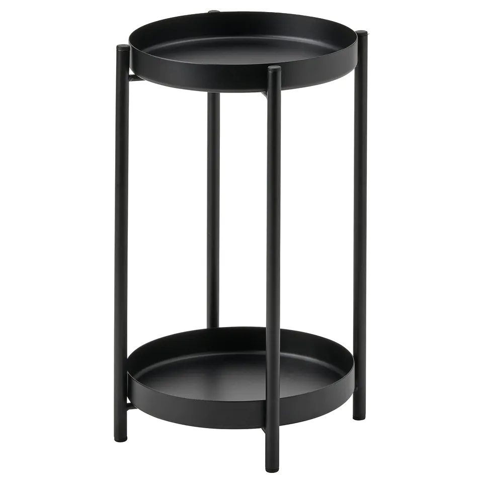 An OLIVBLAD black plant stand with circular shelves and robust legs. Its ideal for displaying plants or as a side table.