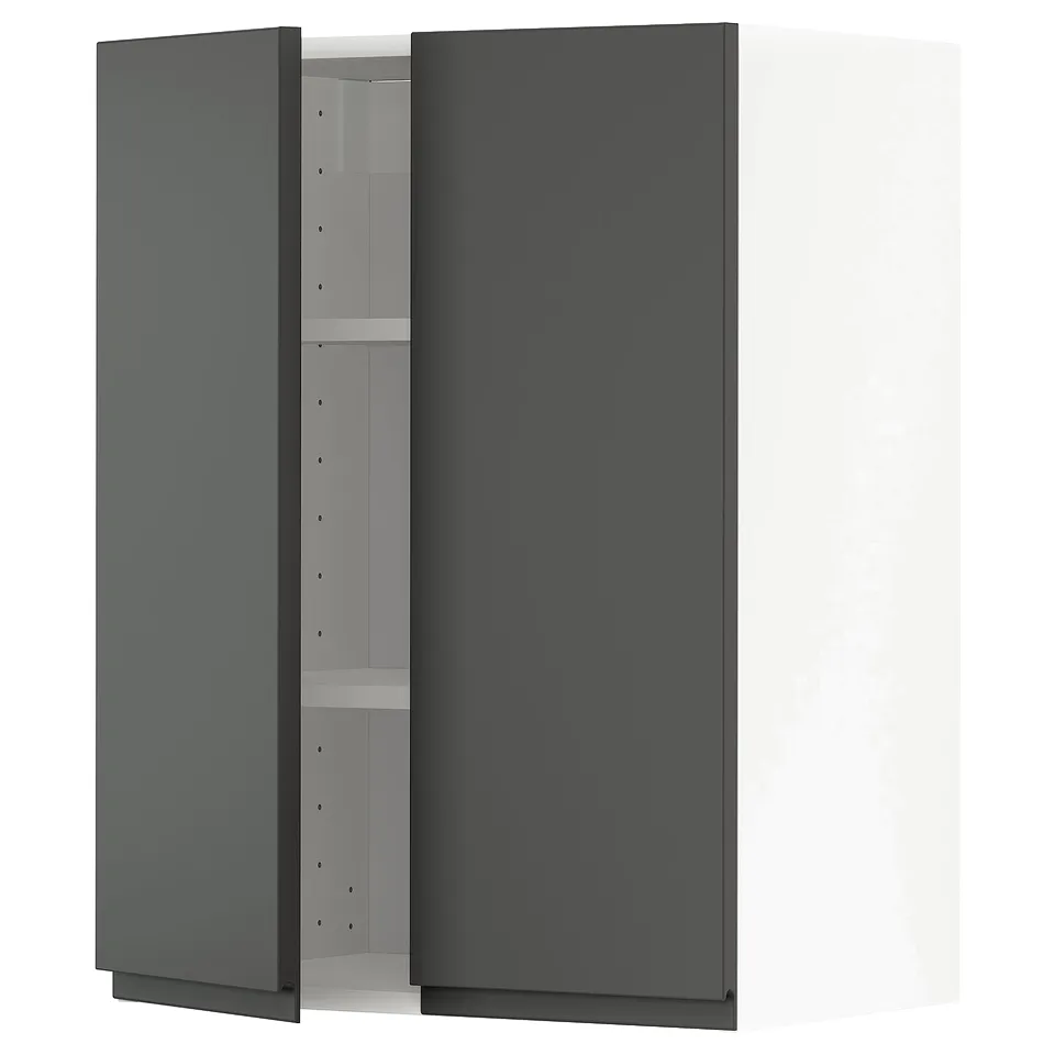Dark grey modern METOD kitchen cabinet with sleek, smooth doors and integrated handles, featuring an adjustable shelf inside.
