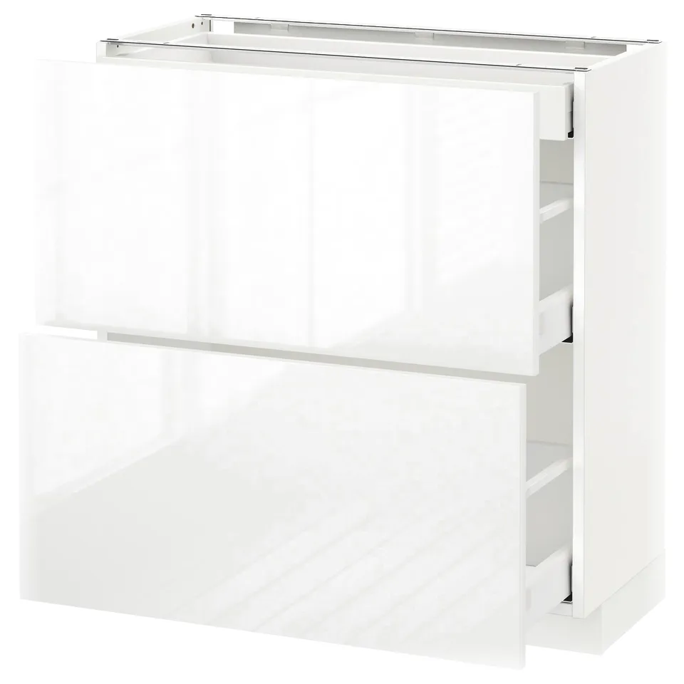 Modern white high-gloss ikea METOD kitchen cabinet with smooth drawers.