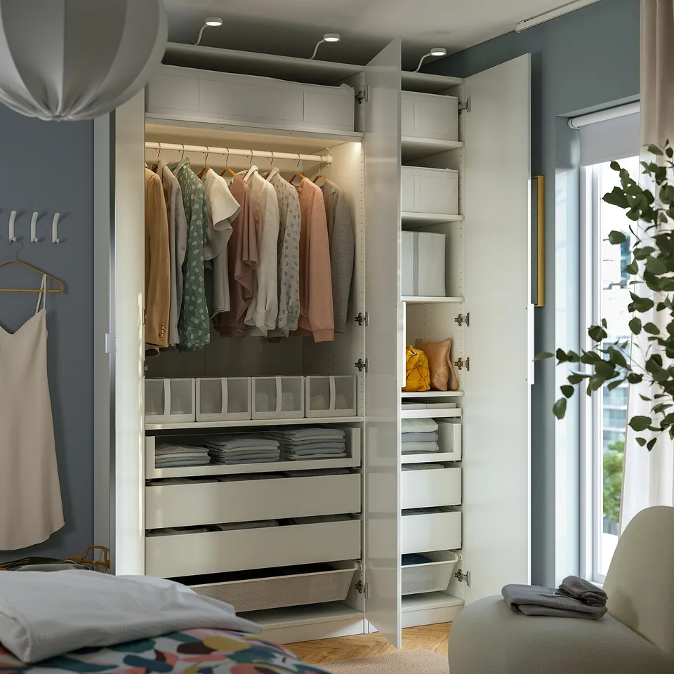 PAX / FARDAL/ÅHEIM Wardrobe combination, white/high-gloss/white mirror glass, 150x60x236 cm