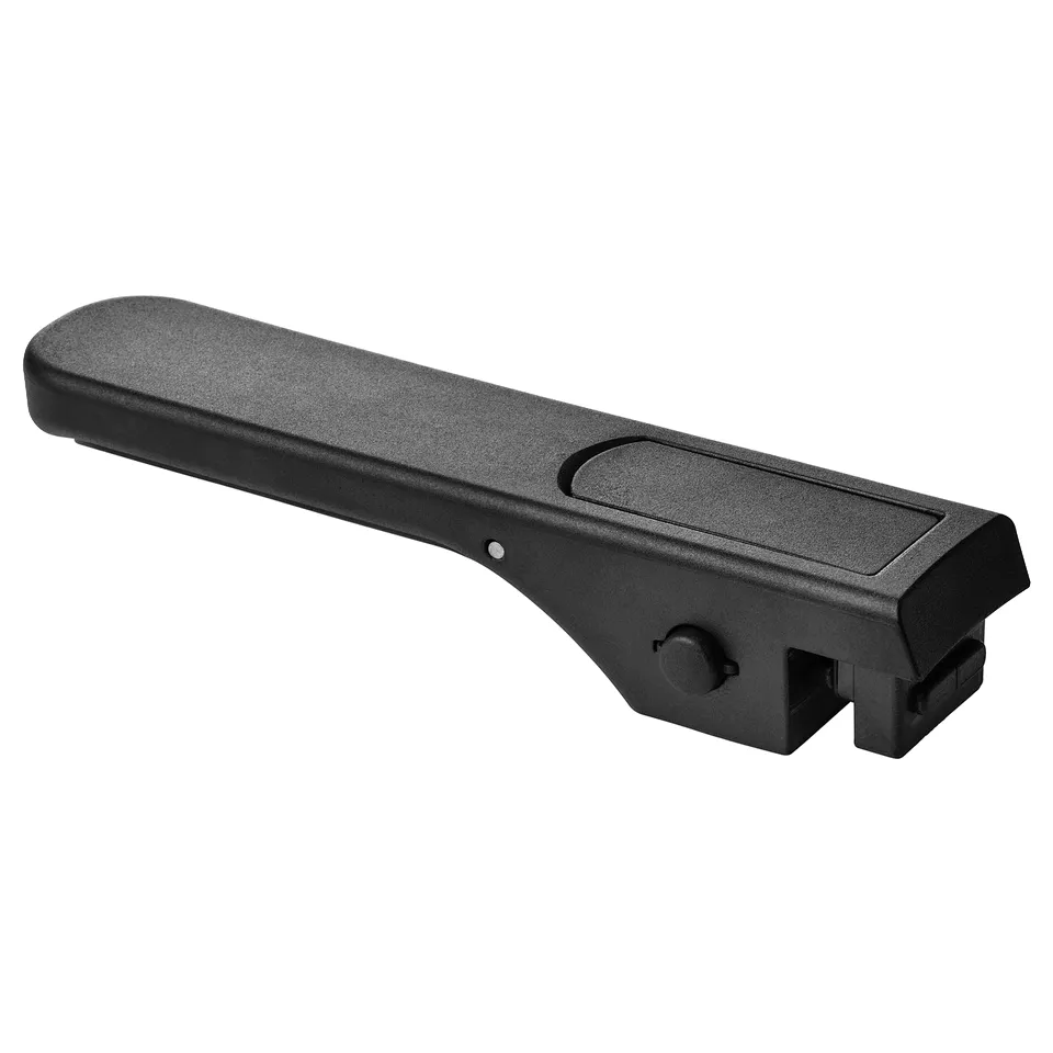Black SLÄTROCKA handle, dishwasher safe, 15-year warranty, phenolic plastic and stainless steel, smooth design.