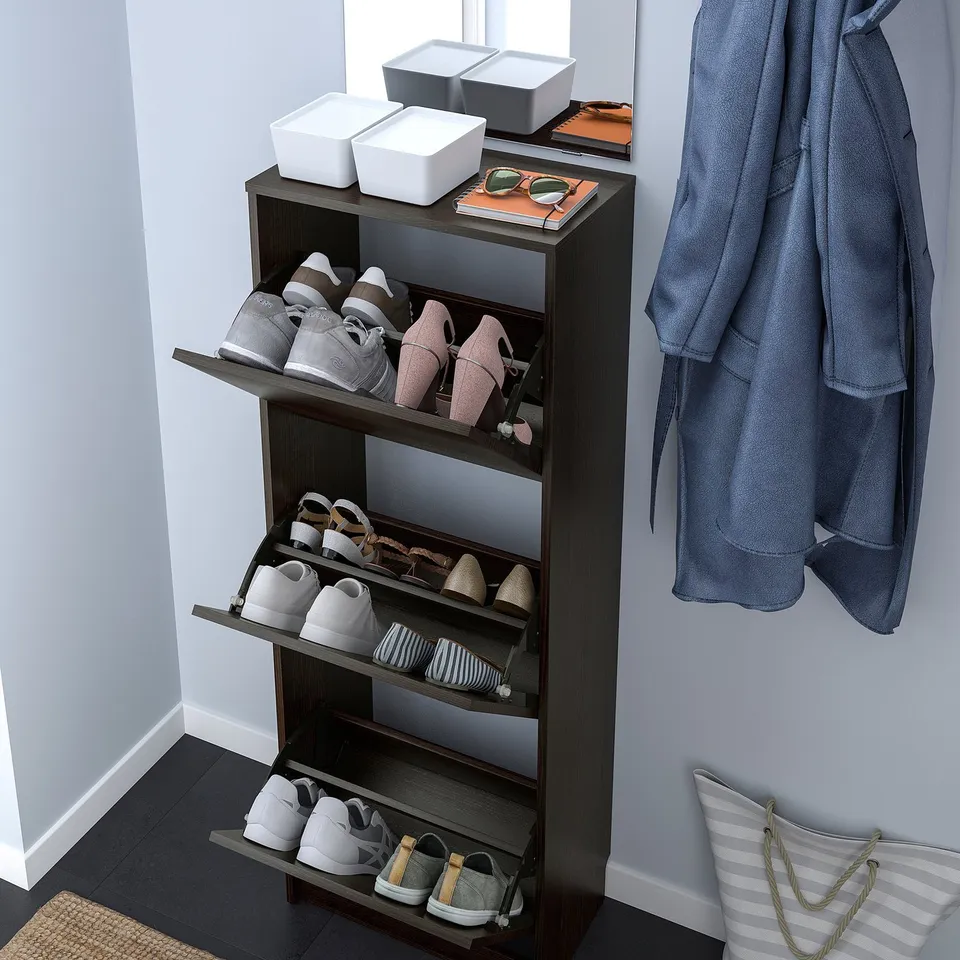 BISSA shoe cabinet, holds 12 pairs, adjustable dividers, ventilated, organised.