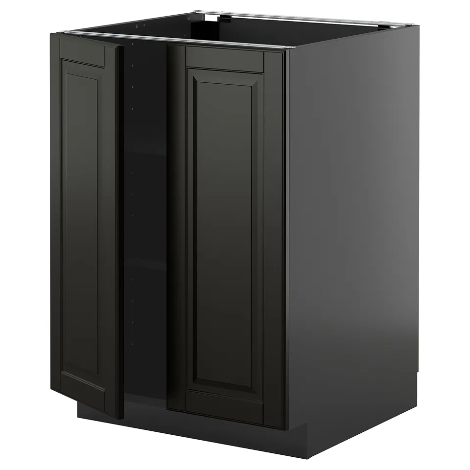 Black METOD kitchen cabinet with bevelled edges and adjustable shelves.