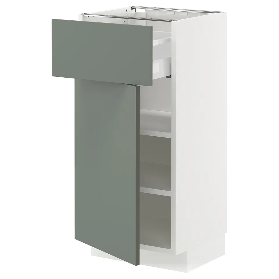 Modern kitchen cabinet, METOD. White and gray-green, sleek and modern. Adjustable shelves, full-extension drawer with soft-close.