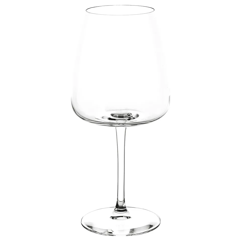 DYRGRIP clear wine glass with wide bowl and long stem, dishwasher safe.