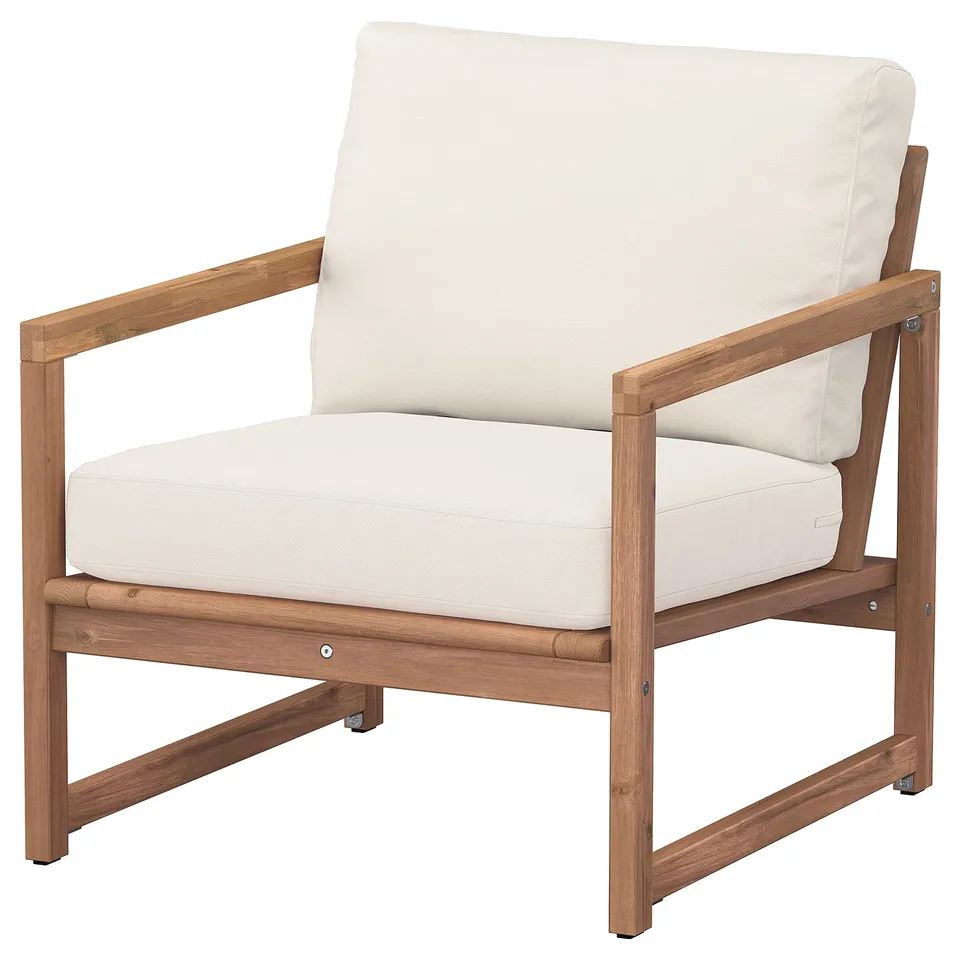 White cushioned wood lounge chair, modern and spacious.