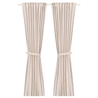 LENDA curtains with tie-backs, 1 pair, light pink/with heading tape, 140x160 cm