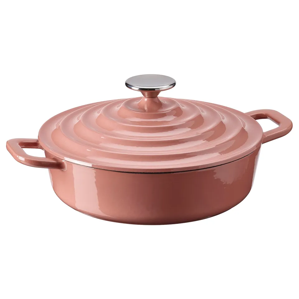 A pink VARDAGEN cast iron casserole pot with a lid and handles.