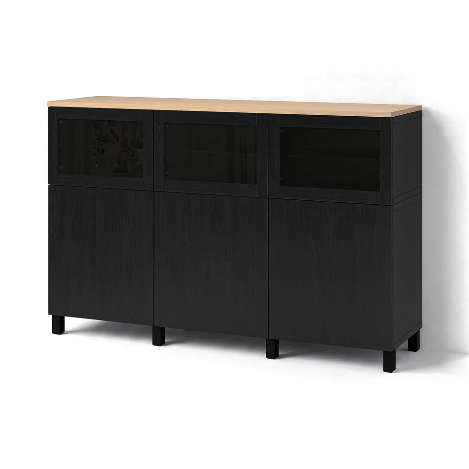 BESTÅ Storage combination with doors, Lappviken/Stubbarp/Sindvik black-brown clear glass, 180x42x114 cm