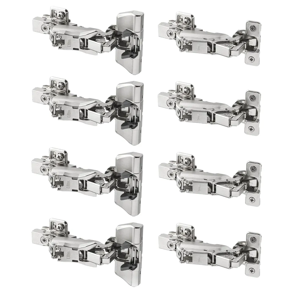Eight KOMPLEMENT hinges with dampers, silver, metallic, rectangular, displayed in pairs.